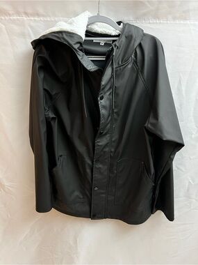 Another Influence Black Faux Leather Hooded Rain Jacket Sherpa Lined Medium